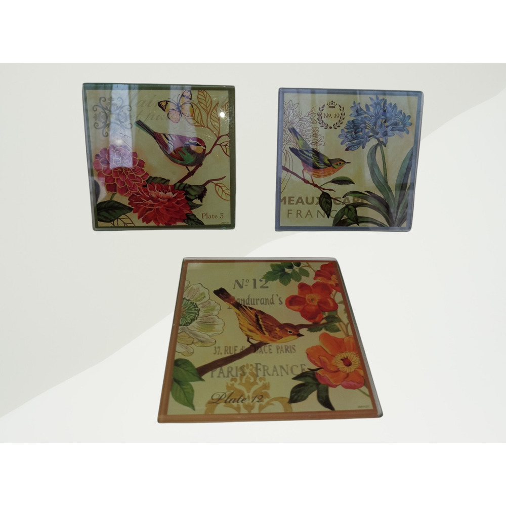 J. Brinley glass coasters set of 3. Botanical, birds vintage coaster set